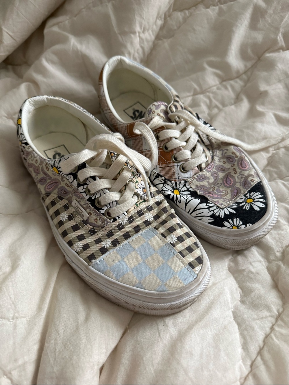 Vans Women’s Patchwork Floral Checkerboard Lace-Up Sneakers in Cream/Black